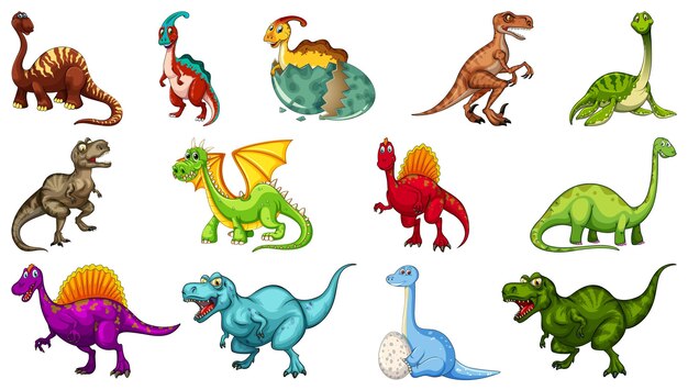 Satz verschiedene Dinosaurierkarikaturfigur lokalisiert auf weißem Hintergrund