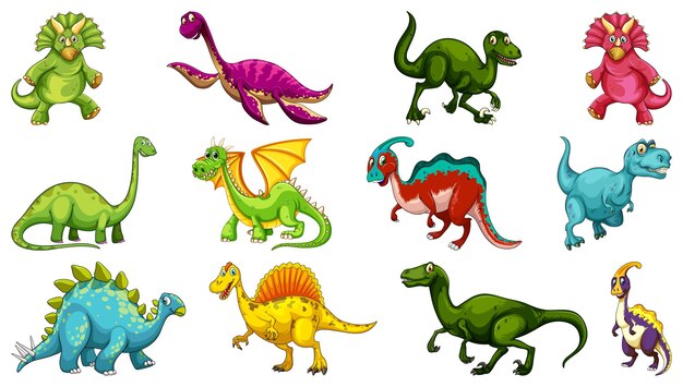 Satz verschiedene Dinosaurierkarikaturfigur lokalisiert auf weißem Hintergrund
