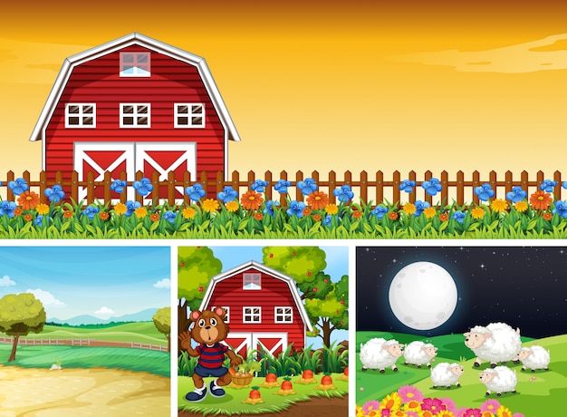 Satz verschiedene farmszenen mit tierfarm-cartoon-stil