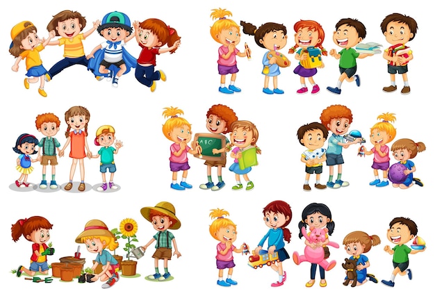 Satz verschiedene Kinder, die mit ihrem Spielzeugkarikaturcharakter lokalisiert auf weißem Hintergrund spielen