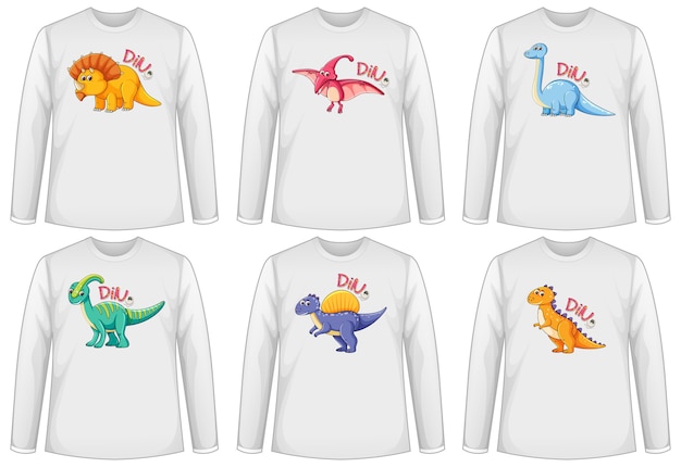 Kostenloser Vektor satz verschiedenfarbiger dinosaurier-bildschirm auf langarm-t-shirt