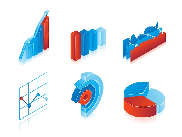 Kostenloser Vektor satz von 3d-vektordiagrammen in blau und rot: analytische kreisdiagramme, diagramme und balkendiagramme zur verwendung als gestaltungselemente in inforgraphics