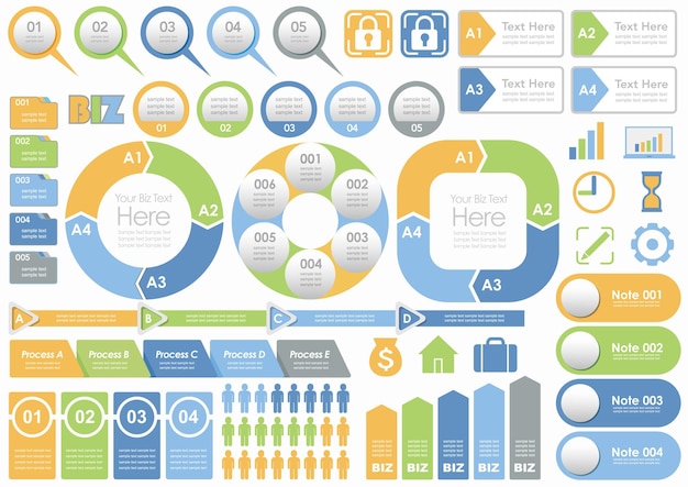 Kostenloser Vektor satz, von, geschäft, infographics, und, tags, freigestellt, auf, a, weißer hintergrund, vektor, illustration