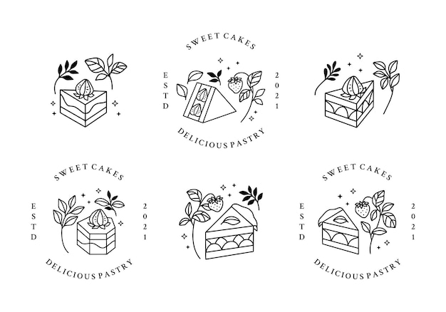 Satz von hand gezeichneten kuchen, gebäck und bäckerei logo