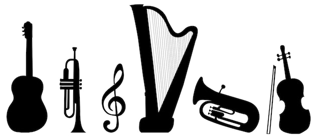 Satz von musikinstrumenten silhouette auf weißem hintergrund isoliert vektor