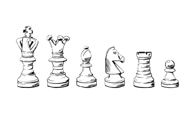 Satz von schachfiguren-skizze. 6 handgezeichnetes schwarzes schachspiel. vektor-illustration.