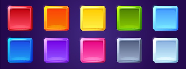 Satz von spiel-ui-app-symbolen, quadratischen tasten, bunte blöcke der cartoon-menüoberfläche. gui-grafikdesign-elemente für die einstellungen des benutzerpanels rot, blau, gelb, grün, lila isolierte 2d-vektorillustration
