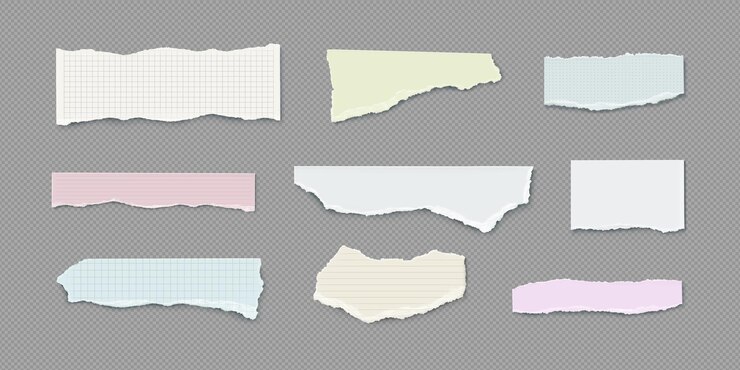 Satz von zerrissenen Notizbuch-Papierstücken, die auf einem transparenten Hintergrund isoliert sind Vektor realistische Illustration eines leeren zerrissenen Tagebuchblatts mit ungleichmäßigen Rändern Memo-Streifen mit Gitterstreifen Punktdesign Müll