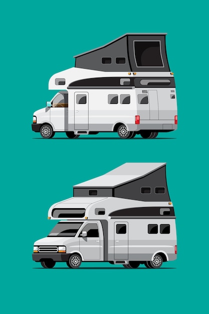 Satz weiße Campinganhänger, Reisemobilheime oder Wohnwagen auf grünem Hintergrund, isolierte flache Illustration