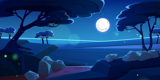 Savannenlandschaft mit Akazienbäumen bei Nacht Vektor-Cartoon-Illustration der afrikanischen Savanne mit Vollmond und Sternen am dunklen Himmel Konzept der Safari-Urlaubsreise und -reise