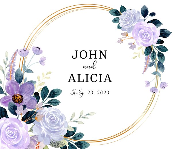 Save the date Lila grünes Blumenaquarell mit goldenem Kreis
