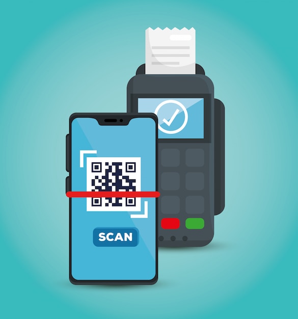 Kostenloser Vektor scan-code qr im smartphone mit dataphon-illustrationsdesign