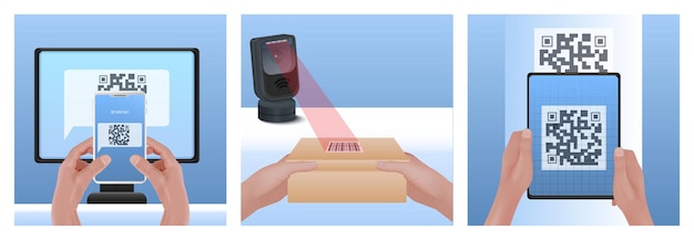 Kostenloser Vektor scan-codes-set aus drei quadratischen kompositionen mit realistischen bildern von menschlichen handcodes und scanner-vektorillustration