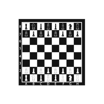 Schachbrett mit schachfiguren, schwarz und weiß, vektorillustration