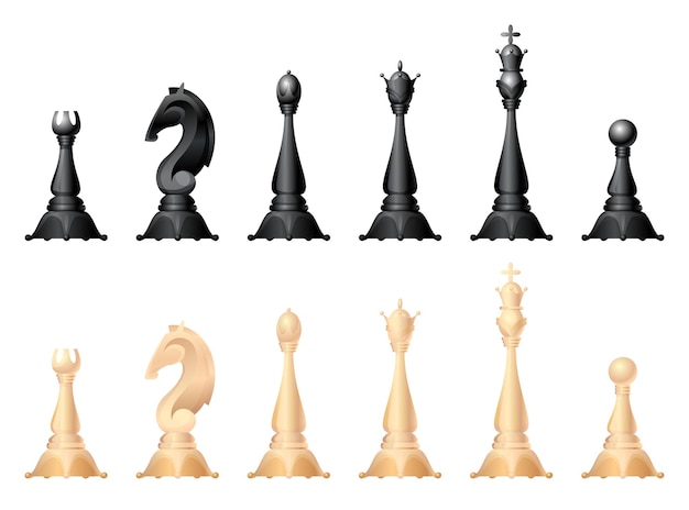 Schachfiguren-vektor-set. könig, dame, läufer, springer oder pferd, turm und bauer – standardschachfiguren. strategisches brettspiel für die intellektuelle freizeit. schwarze und weiße gegenstände.