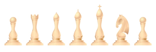 Schachfiguren-vektor-set. könig, dame, läufer, springer oder pferd, turm und bauer – standardschachfiguren. strategisches brettspiel für die intellektuelle freizeit. weiße gegenstände. Premium Vektoren