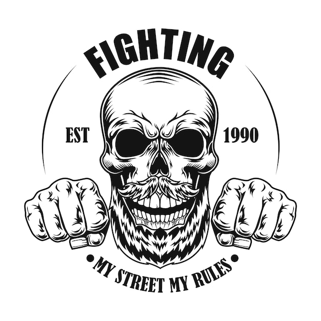 Schädel der Straßenkämpfervektorillustration. Kopf und Fäuste der Zeichentrickfigur mit Text