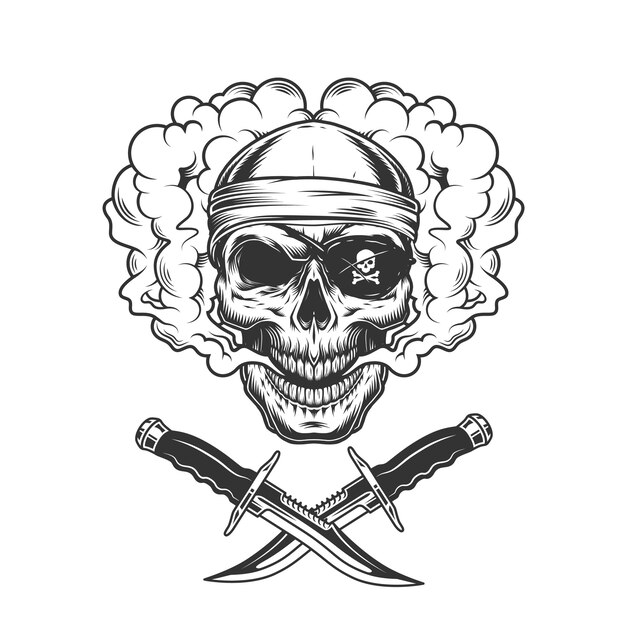 Schädel in Bandana und Piraten-Augenklappe
