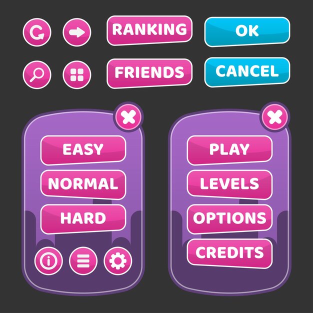Schaltflächenset gestaltete GUI-Illustration der Spielbenutzeroberfläche für Videospielcomputer