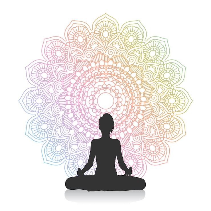 Kostenlose Vektor schattenbild einer frau in der yoga-pose gegen mandala-entwurf