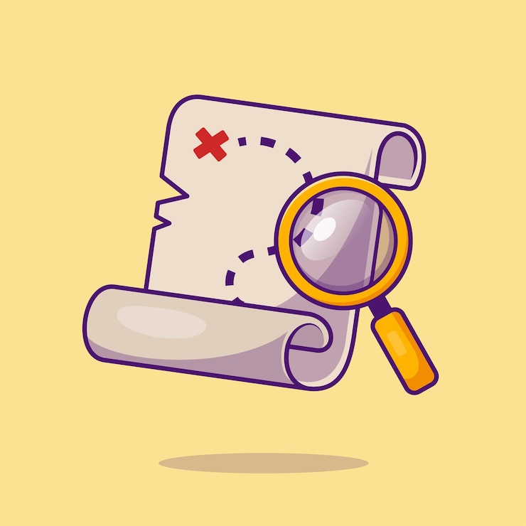 Kostenlose Vektor schatzkarte, mit, lupe, karikatur, vektor, symbol, abbildung, bildung, natur, symbol, isolated