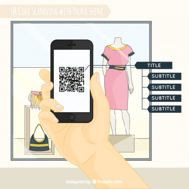 Kostenloser Vektor schaufenster und mobile hintergrund scannen von qr-code