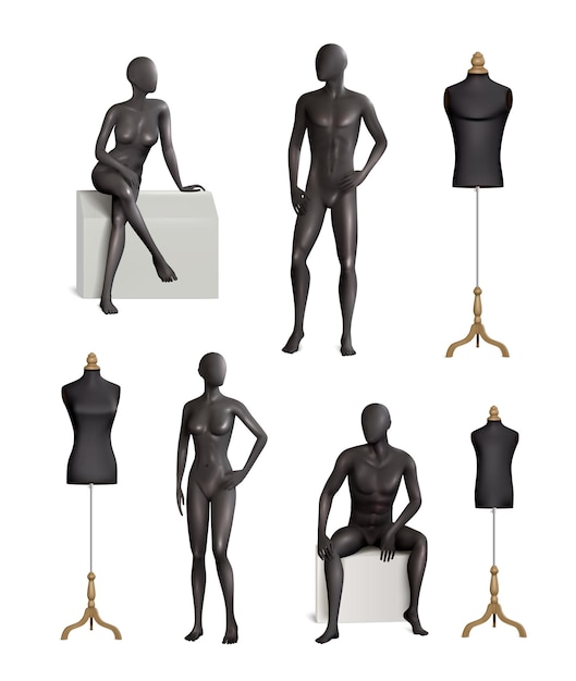 Schaufensterpuppen realistischer farbiger satz isolierter schwarzer schaufensterpuppenbilder mit männlichen und weiblichen modellen und kleiderbügelvektorillustration