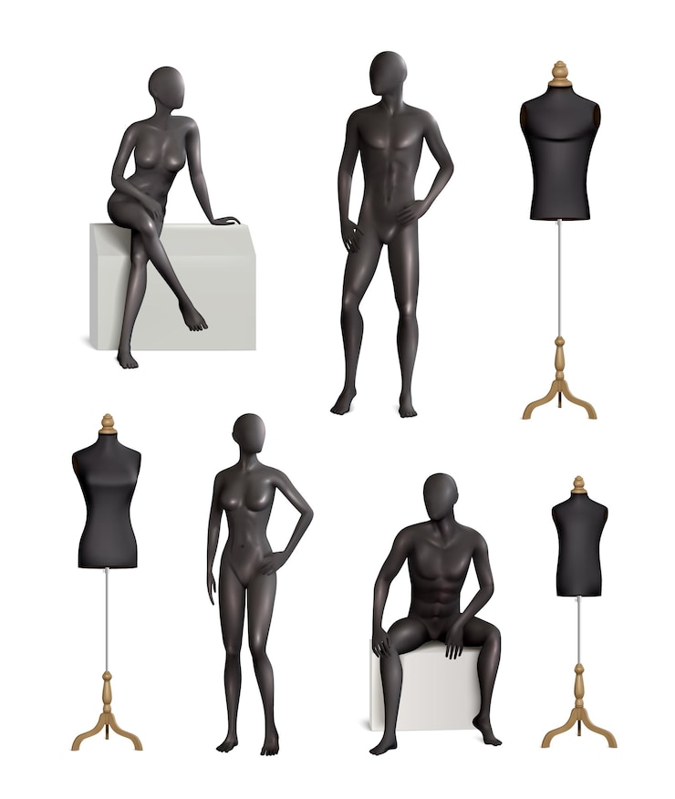 Kostenlose Vektor schaufensterpuppen realistischer farbiger satz isolierter schwarzer schaufensterpuppenbilder mit männlichen und weiblichen modellen und kleiderbügelvektorillustration