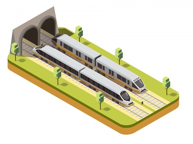 Kostenloser Vektor schienenbus und hochgeschwindigkeits-personenzug, die unter isometrischer zusammensetzung der viaduktbrücke in den eisenbahntunnel einfahren