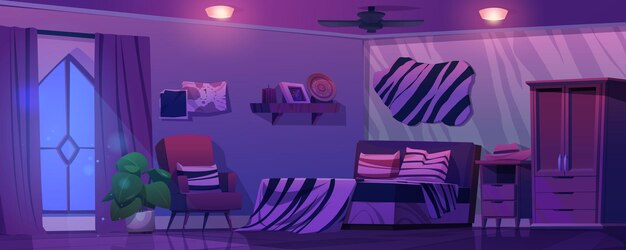 Schlafzimmer eines Cowboys oder eines Bauern in der Nacht Schlafzimmer für Ruhe und Schlaf mit Doppelbett Tierhaut auf der Wand Schrank und Hut auf dem Nachttisch Mondlicht durch ein großes Fenster Innenraum eines ländlichen oder Ranchhauses