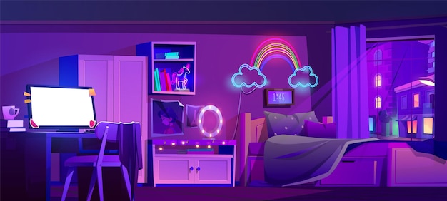 Kostenloser Vektor schlafzimmer für teenager-mädchen in der nacht vektor-cartoon-illustration eines aufgeräumten zimmers mit bett, desktop-computer mit leerem bildschirm, stuhl, bücherregal, kleiderschrank, neonlampen, bilder an der wand, blick auf die stadt im fenster