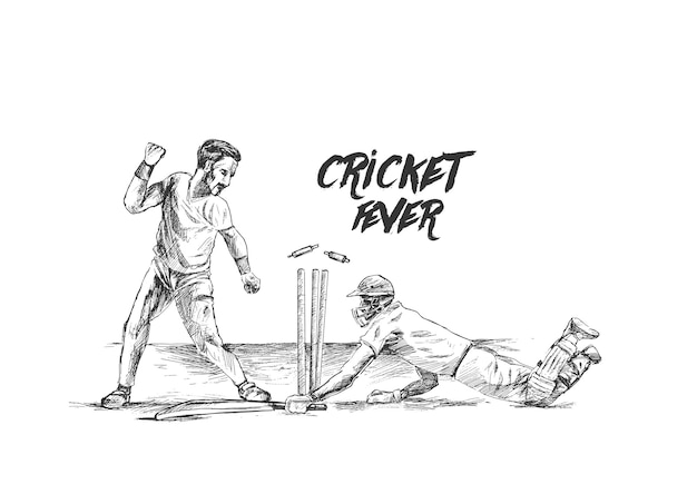 Schlagmann läuft cricket-meisterschaft in der stadion-handgezeichneten skizzen-vektorillustration aus