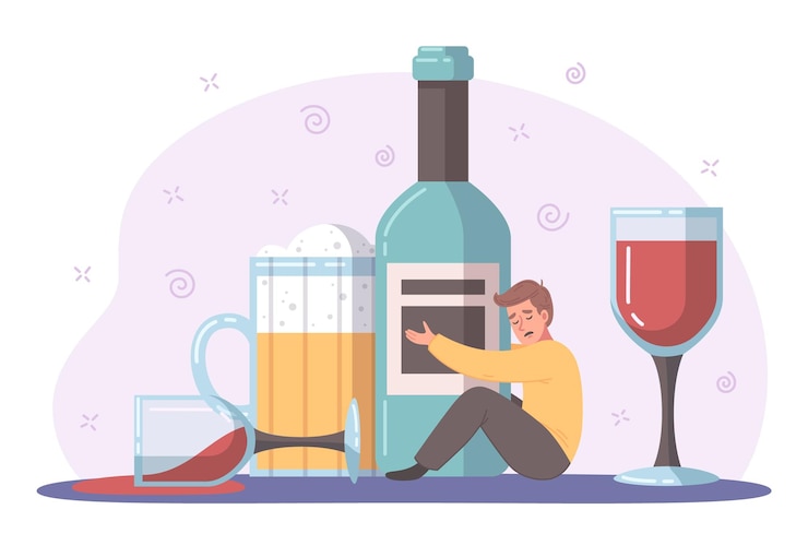 Kostenlose Vektor schlechte angewohnheiten cartoon-konzept mit alkoholabhängigen mit flaschenvektorillustration