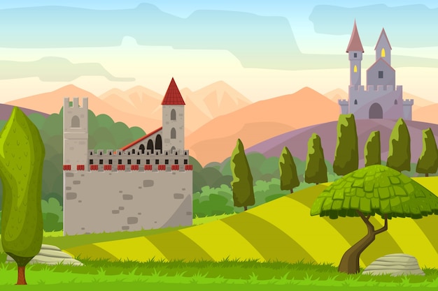 Kostenloser Vektor schlösser auf hügel mittelalterlichen landscapevector cartoon-abbildung