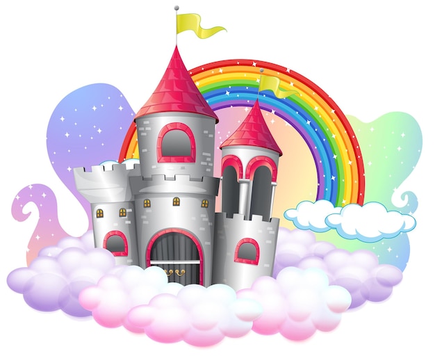 Schloss mit regenbogen auf der wolke lokalisiert auf weißem hintergrund