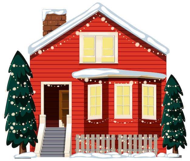 Schneebedecktes haus mit weihnachtslichterkette