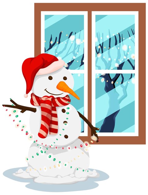 Schneemann mit Lichtern am Fenster