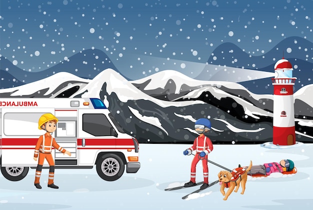 Schneeszene mit Feuerwehrmannrettung im Cartoon-Stil