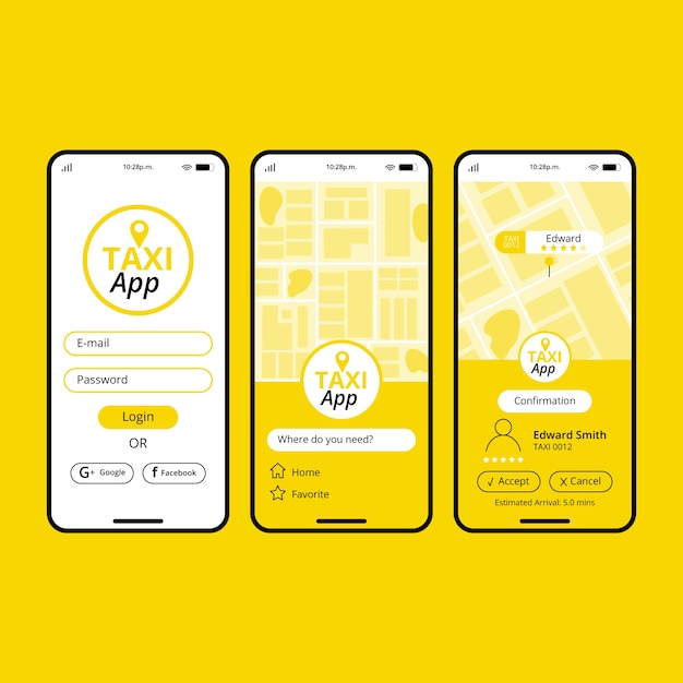 Kostenloser Vektor schnittstelle des taxi-app-konzepts