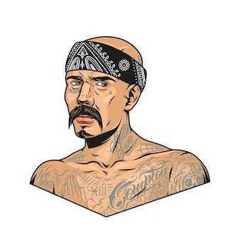 Schnurrbarter latino-gangster mit chicano-tattoos und bandana im vintage-stil isolierte illustration