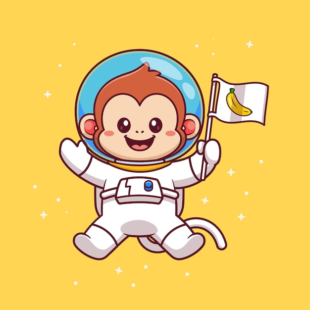 Schöne affen-astronaut mit bananenflagge im weltraum zeichentrickfilm vektor-ikonen illustration tierwissenschaft