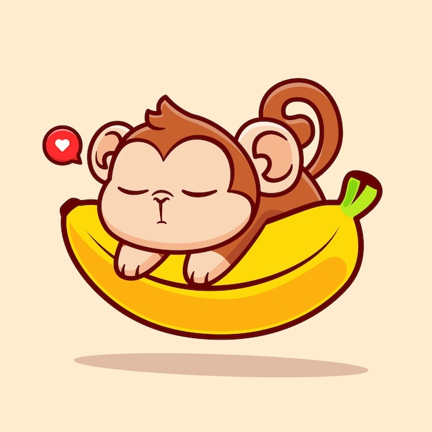 Schöne Affen, die auf einer Banane schläft Zeichentrickfilm-Vektor-Ikon Illustration Tiernahrungsmittel-Ikon Isolierte Flach