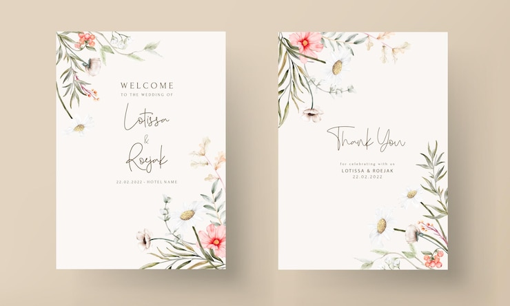 Kostenlose Vektor schöne aquarellhochzeitseinladungskarte mit eleganter blume und kleinem laub