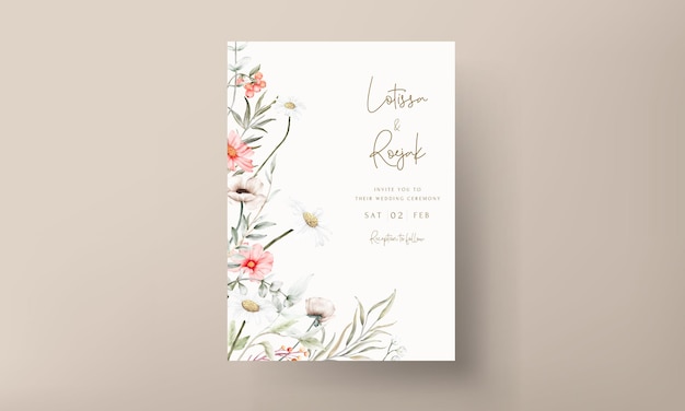 Kostenloser Vektor schöne aquarellhochzeitseinladungskarte mit eleganter blume und kleinem laub