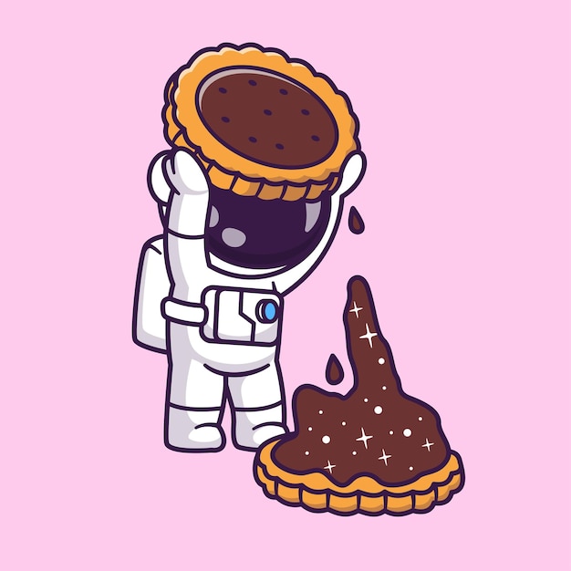 Schöne astronautin mit kekse, schokolade, raumfahrt, zeichentrickfilme, vektor-ikonen, illustrationen, wissenschaft, isoliertes essen