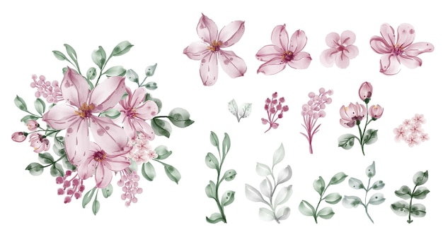 Kostenloser Vektor schöne blatt- und blumenaquarell-clipart