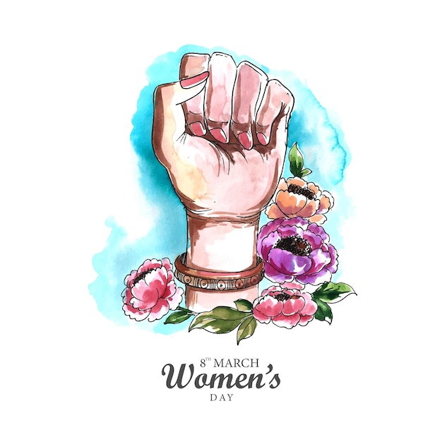 Schöne Damenhand, die Macht im glücklichen Frauentageskartendesign zeigt