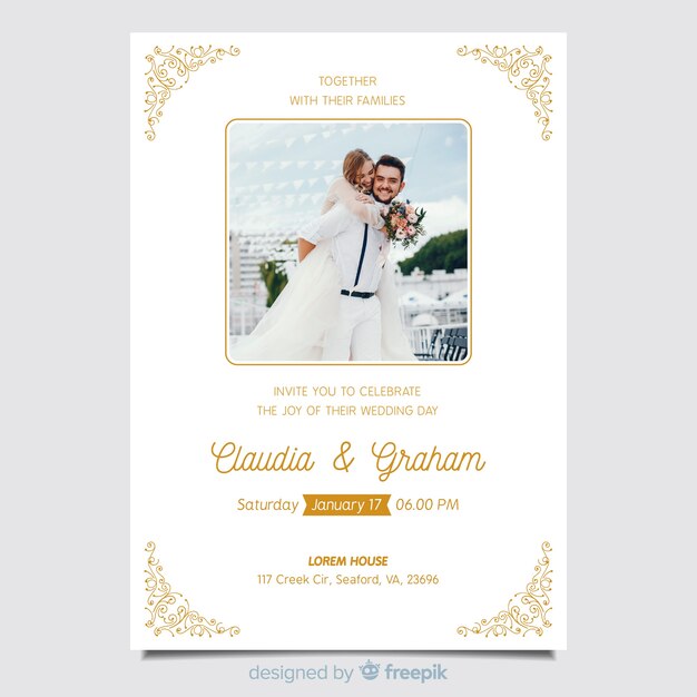 Schöne dekorative Hochzeitseinladungsschablone mit Foto