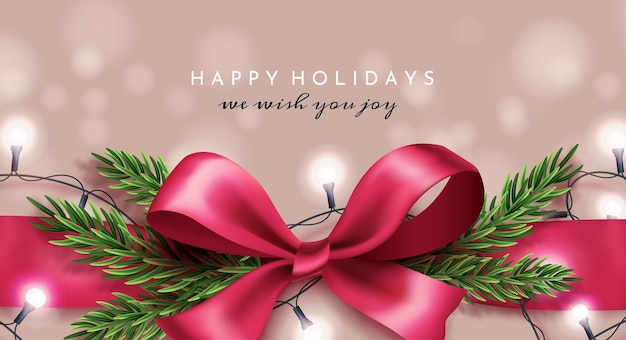 Schöne ferien. glückwunsch-weihnachtskarte mit einem wunsch. rosa bogen, girlande und weihnachtsbaumaste auf dem beige hintergrund. Premium Vektoren
