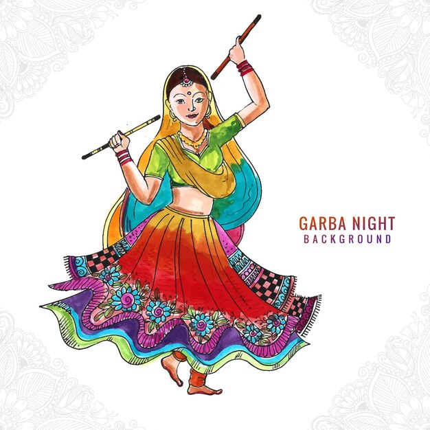 Schöne Frau, die Dandiya im Disco-Garba-Nachthintergrund spielt